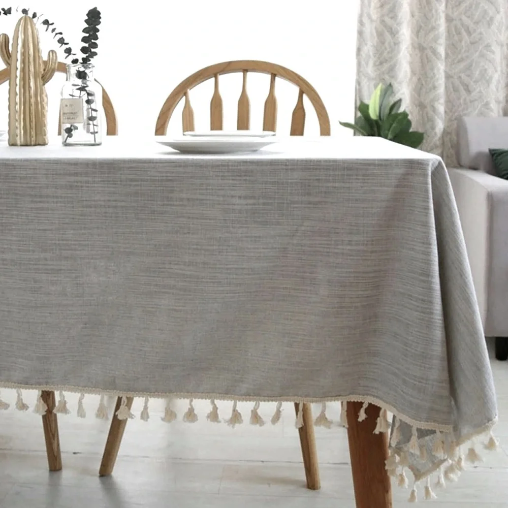 Boho Fringe tassel woven Gray and white stripes Tablecloth or throw blanket